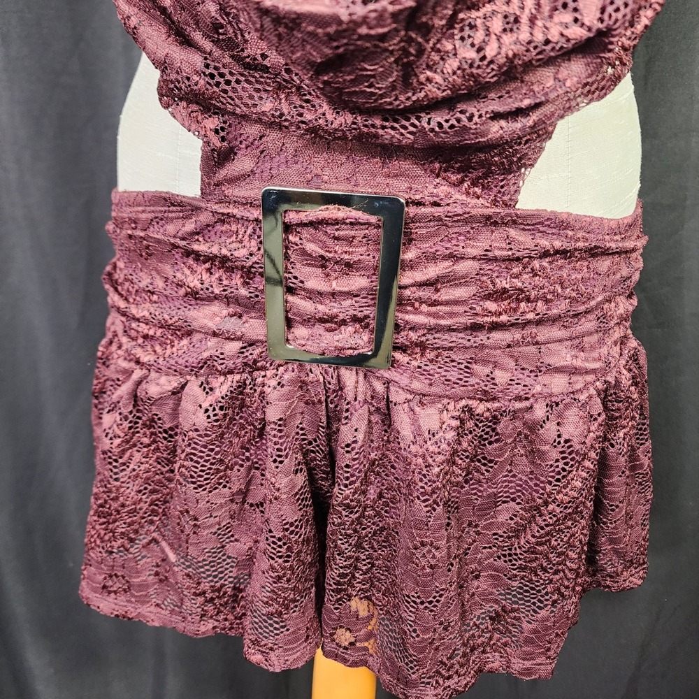 Lace Romper Burgundy Cutout Halter Buckle‎ Mini S sheer party cocktail - Picture 2 of 6